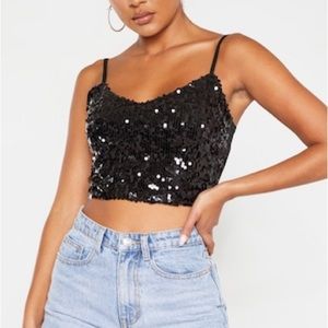 Black Sequin Crop Top SZ S